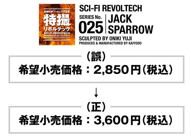 特撮リボルテック  No.025 JACK SPARROWの  価格に関する訂正とお詫び     特撮リボルテック商品カタログやホビー雑誌各誌等に掲載しましたNo.025 JACK SPARROW（2011年４月１日発売予定）の希望小売価格を【2,850円（税込）】としておりましたが、No.025 JACK SPARROWの望小売価格は【3,600円（税込）】に変更となりますので、訂正させていただきます。お客様、ならびに関係各位には深くお詫び申し上げます。        （誤）  希望小売価格：2,850円（税込）  から  （正）  希望小売価格：3,600円（税込）